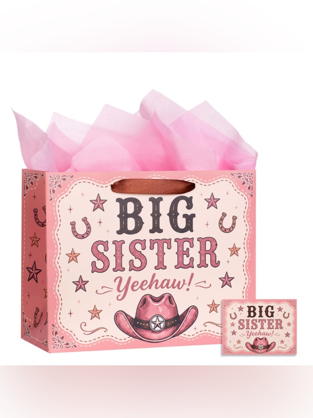 Big Sister Yeehaw! Pink Gift Bag with Tissue Paper